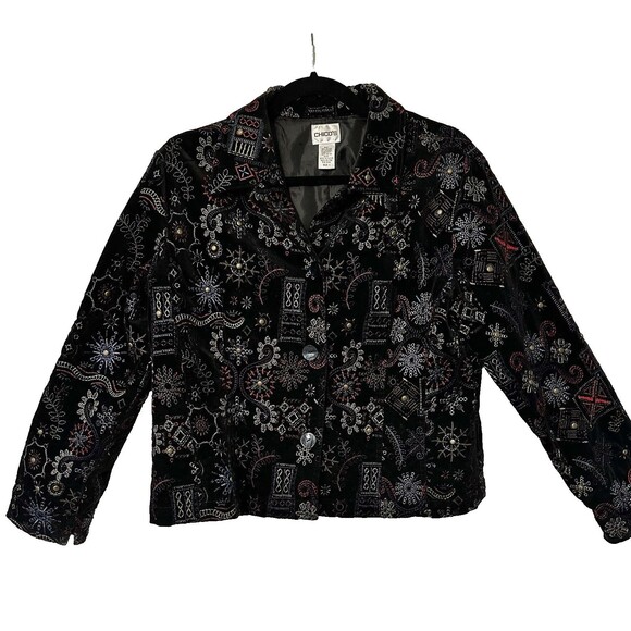 Chicos Women Size 1-Medium Velvet blazer jacket Embroidered Studded Black artsy - Picture 1 of 15